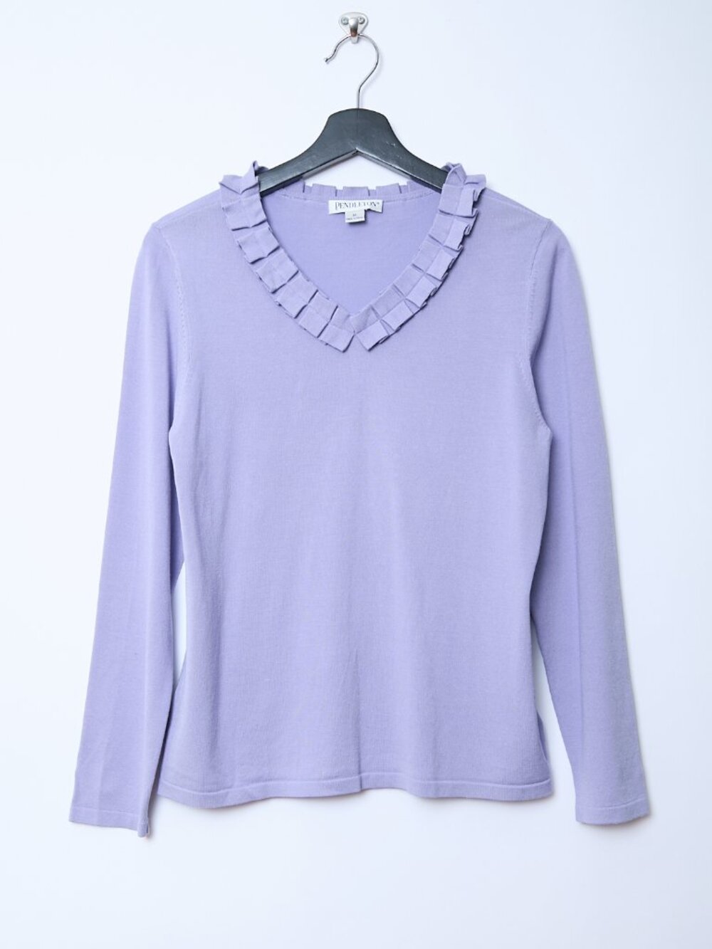 Pendleton Silk Blend Ruffled V-Neck Long Sleeve Knit Lavender Top Grandma Fairy